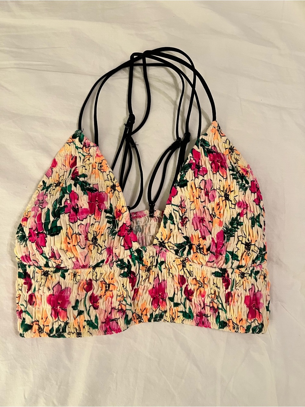 PINK Victoria's Secret Cream Floral Smocked Bralette with Black Straps NEW